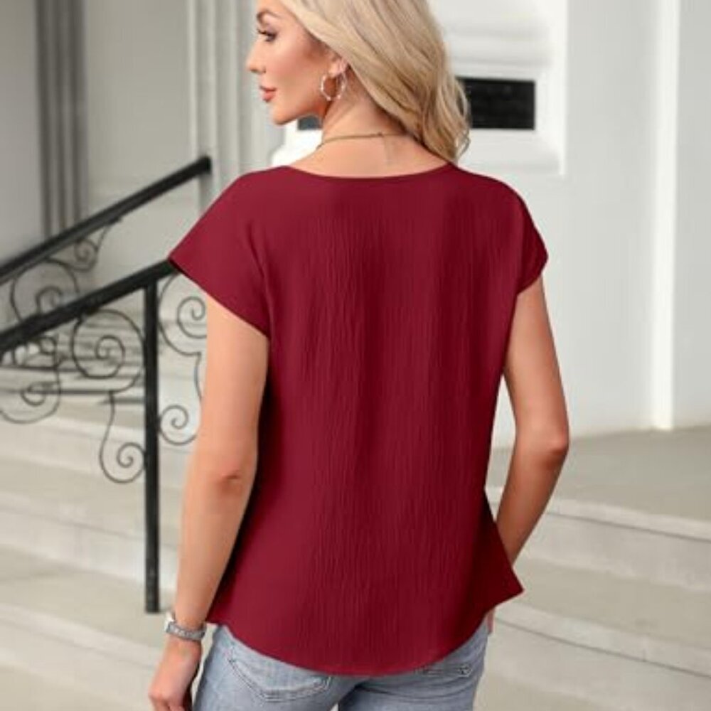 Short Sleeve Pleated Blouse, Lightweight Textured Fabric, Business Casual Top - Picture 3 of 8
